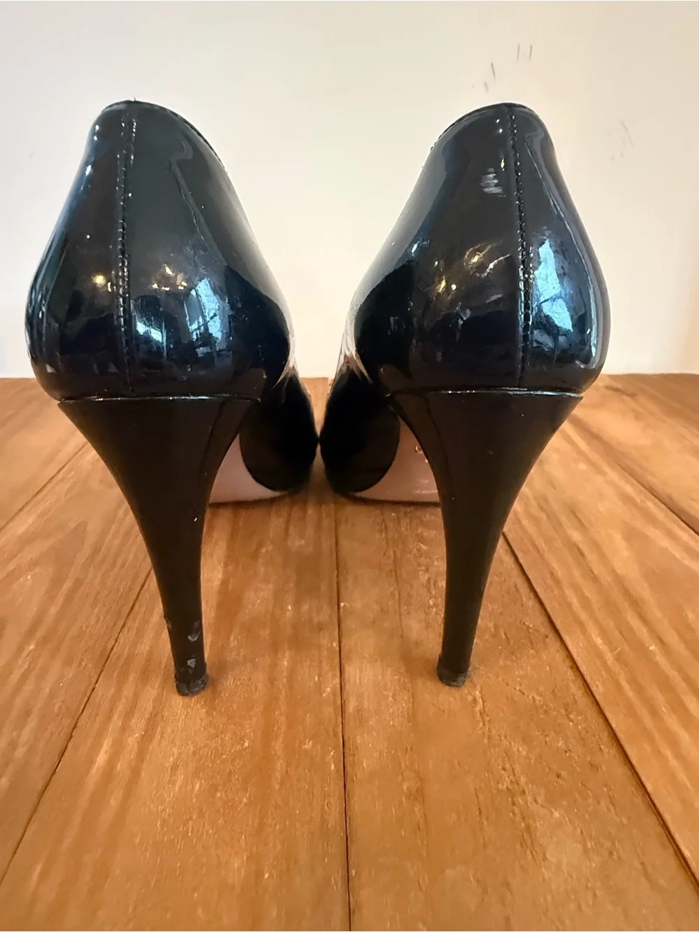 Prada. Vernice Nero Black Patent Peep Toe Platform Heels. Size 8.